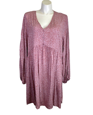 Cotton On Dress US 20 Plus EUR 52 Pink Leopard Baby Doll V Neck Long Sleeve EUC