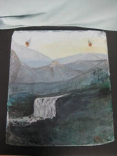 Artist Signed Slate Board Hanging Picture Mountains and waterfall Blue green