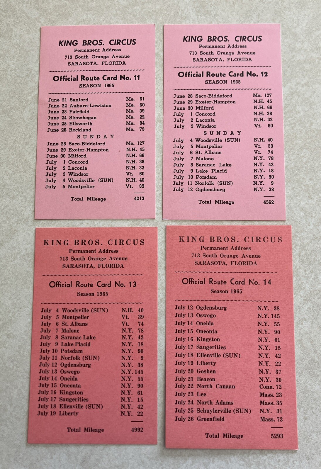 1965 King Bros Circus Route Card Lot 4 Cards eBay