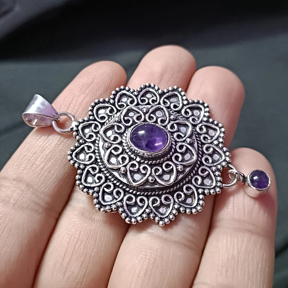 Ciondolo per uomo e donna con fiore in argento sterling 925 con gemma di... - Immagine 3 di 4