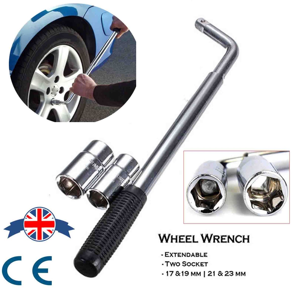 Telescopic Extendable Wheel Nut Wrench - 17, 19, 21, 23mm Socket, Car Tyre Brace Tool