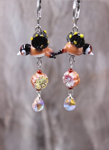 Stieglitz Distelfink Vogel Ohrringe Ohrhänger Lampwork Perlen Glastropfen #LB004 - Bild 5 von 10