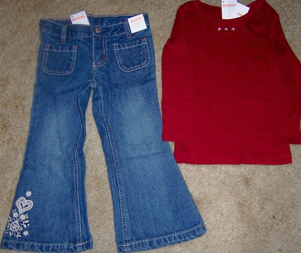 Jeans Set 2pc Red Tee Scrolling Gymboree Girl size 3 years New-image