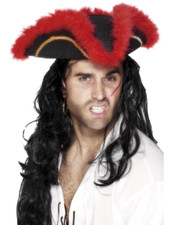 Pirate Tricon Hat With Red Feather Adults Pirates Fancy Dress Accessory