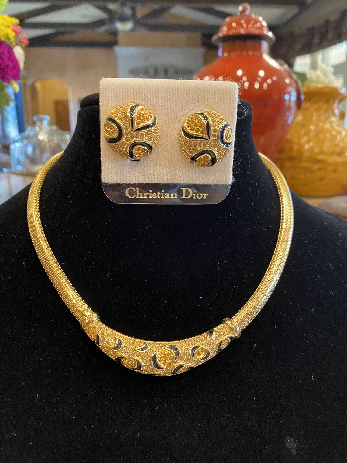 ENSEMBLE COLLIER ET BOUCLES D'OREILLES VINTAGE MAGNIFIQUE COLLIER CRISTAL CHRÉTIEN DIOR