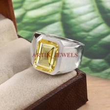 Natural Lemon Quartz Gemstone with 925 Sterling Silver Ring for Men's #5047