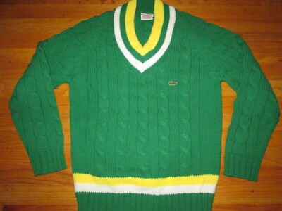 French LACOSTE 1980s／Cable Knit Sweater Vintage 80s Lacoste Red V-Neck Chunky Cable Knit Wool
