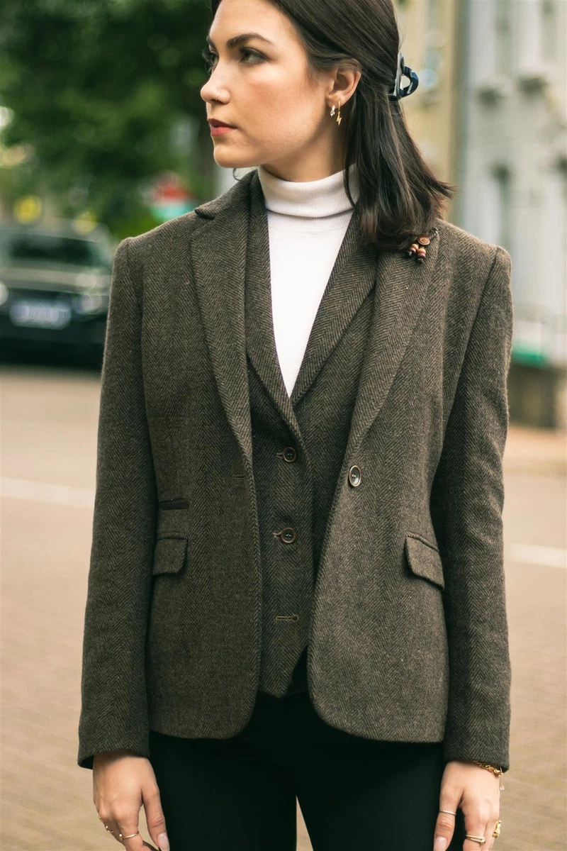 Womens Tweed Herringbone Blazer Jacket Waistcoat Brown 1920s Vintage  Tailored