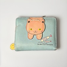 Women’s Blue Pink Cat Striped Bifold Wallet Snap Close w/ Zipper Coin Pocket