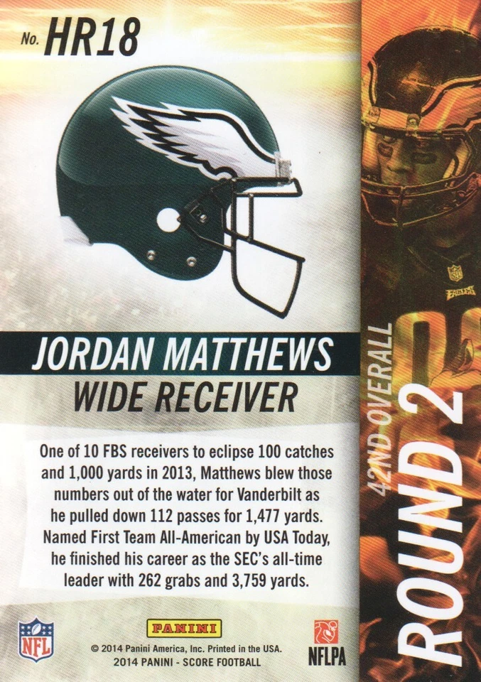 2014 Score Hot Rookies #HR18 Jordan Matthews - FB - Image 2 of 2