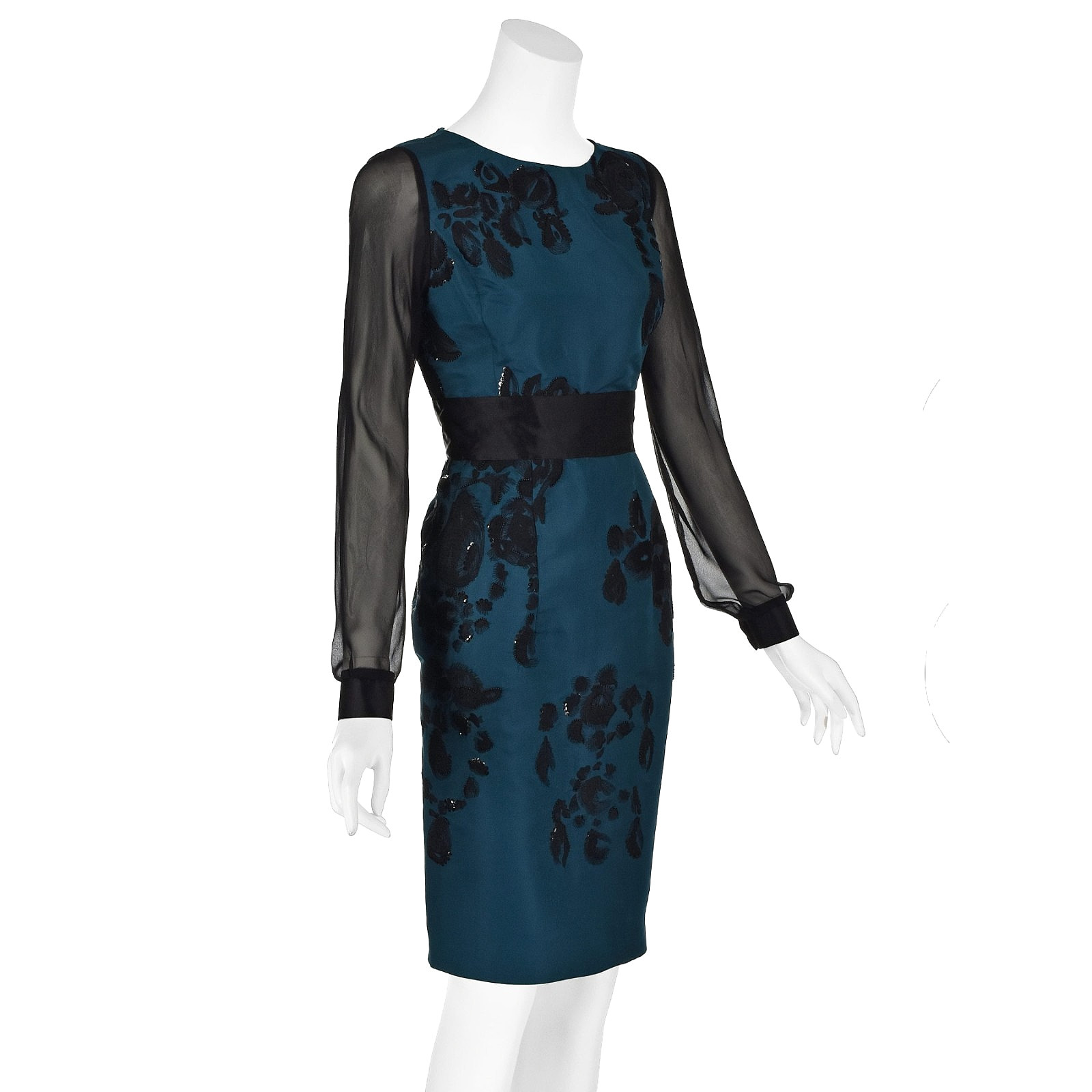 OSCAR DE LA RENTA Teal Silk Embroidered Dress w/Sheer Chiffon Sleeves F2012 SZ 8