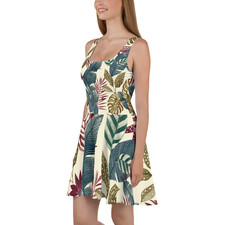 Women's Ivory Tropical Flared Dress Botanical Leaf Print Elastic Waist