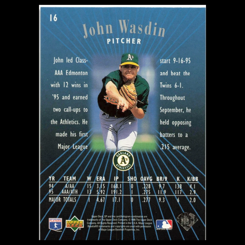 John Wasdin Rookie #16 1996 Upper Deck SP Oakland Athletics Baseball Card MLB NM - Image 2 of 3