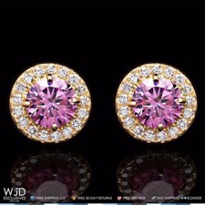 14K Yellow Gold Pink Gem Round Halo Stud Earrings with 1.30CTW Gem Accents