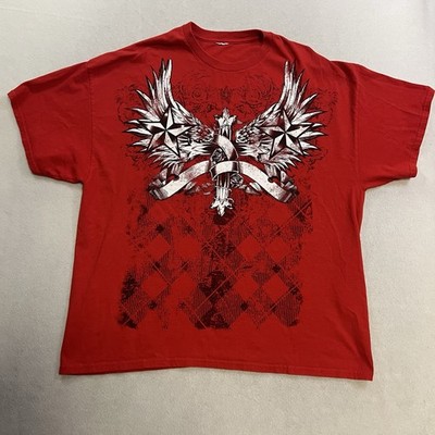 VTG Y2K Affliction Style Men s Size 2XL Wings Red Gothic Cross T-shirt Grunge