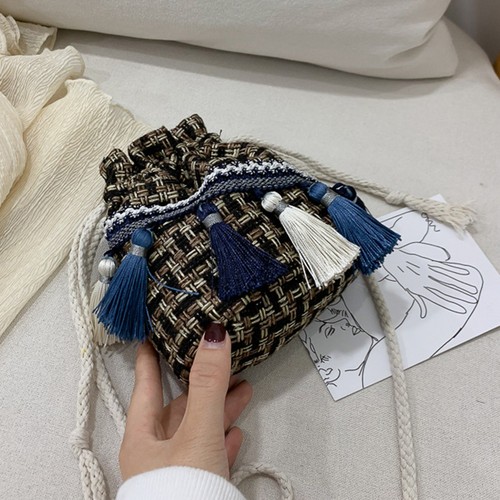 Straw Weaving Bucket Bag Single Shoulder Ethnic Style Tassel Casual Beach - Afbeelding 3 van 11