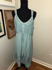 Raya Sun Dress Boho Chic Style Embroidered Floral Size XL Blue Sleeveless
