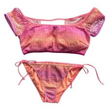 Victoria's Secret M Pink Orange Ombr , Crochet Short Sleeve The Teeny Bikini Set