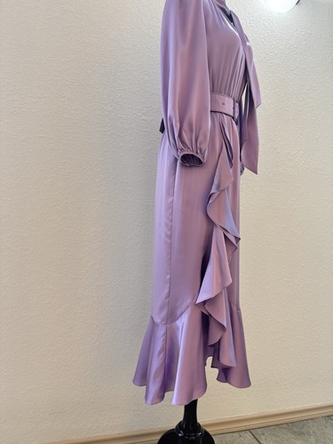 NWT Cinq a Sept Bella Silk Tie-Neck Lavender Mist Waterfall Belted Midi Dress 4 - Picture 8 of 20