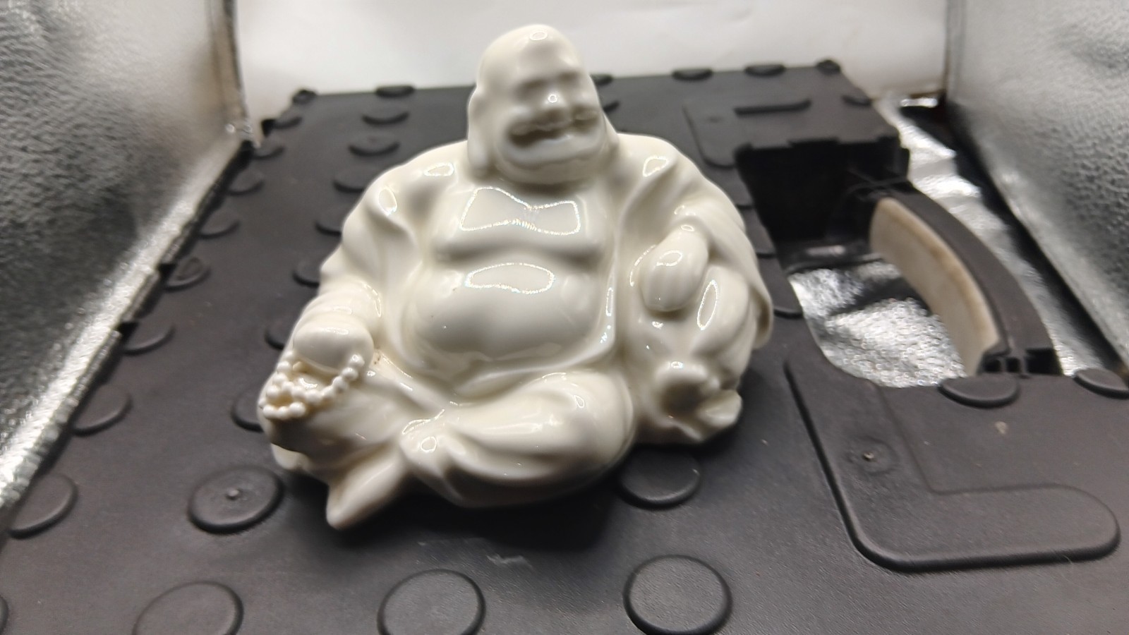 White Glazed Ceramic Laughing Buddha Figurine 4" Tall 5" Wide 1 lb Decor