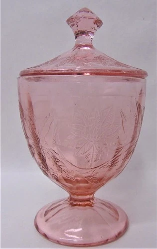 Vintage Depression Jeannette Pink Floral Poinsettia Covered Candy Dish u560