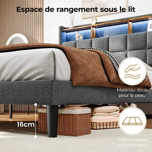 Polsterbett Doppelbett 140x200 cm Bett Bettgestell mit LED Licht /USB Lattenrost - Bild 32 von 40