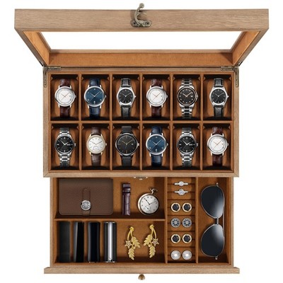 12 Slot Solid Wood Watch Box Clear Glass Top, Men's Jewelry Display Storage Case