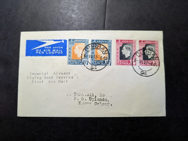 1937 South Africa Airmail First Flight Cover FFC Durban to Uplands Kenya Colony