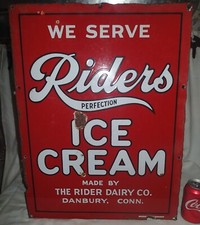 ANTIQUE MOTORCYCLE RIDERS ICE CREAM PORCELAIN SIGN MILK DAIRY BIKE ADVERTISING