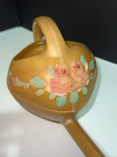 Vintage MCM Hard Yellow Plastic Watering Can Hand Painted Flowers, Leaves on Top - Picture 3 of 12