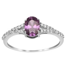 925 Fine Silver 5X7 MM Oval Amethyst Gemstone Solitaire Accents Ring