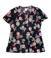 Cherokee Scrub Top Size Small Black Multicolor Owl Pattern Work Medical Uniform