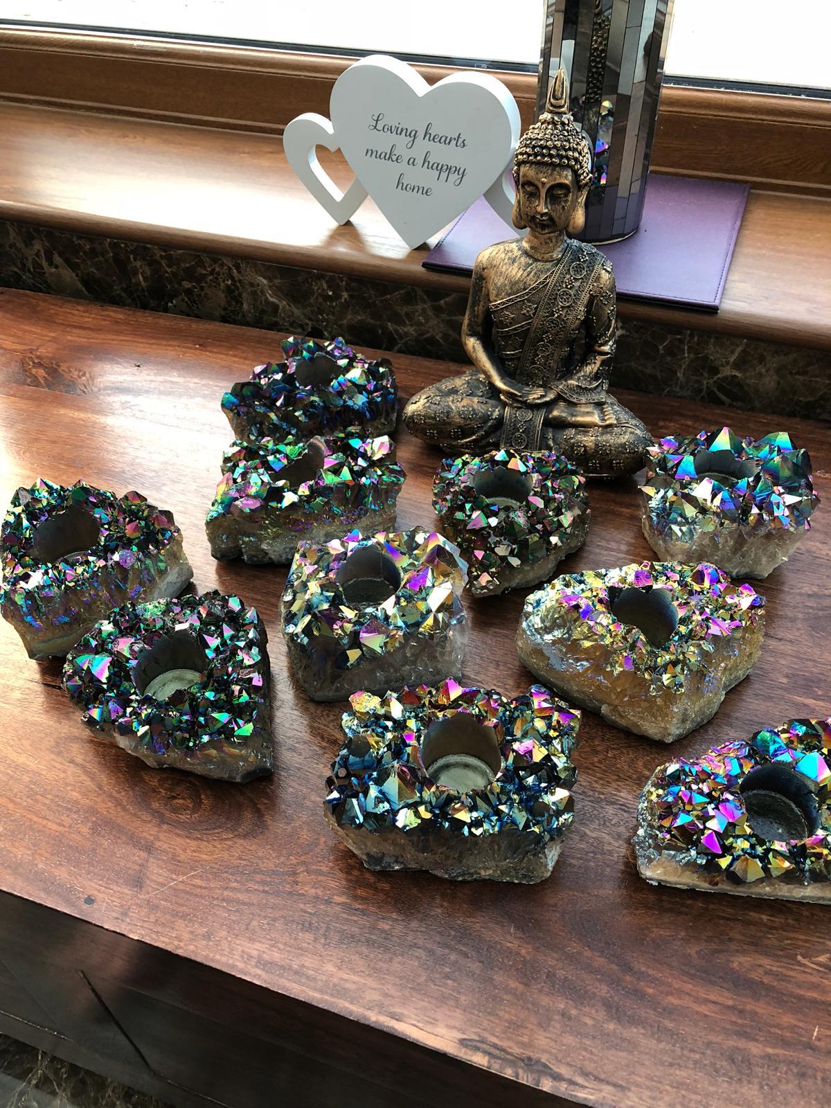 Rainbow Quartz, Aura, Titanium, Point, Cluster, Amethyst Candle Tealight Holder