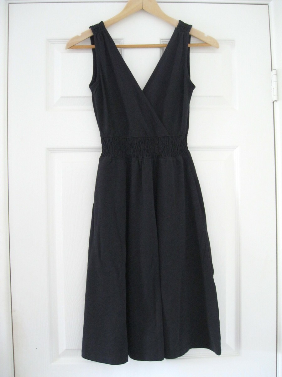 NWT LANDS END CANVAS Black Smocked Slub Cotton Jersey Dress, XXS 0, Pockets!