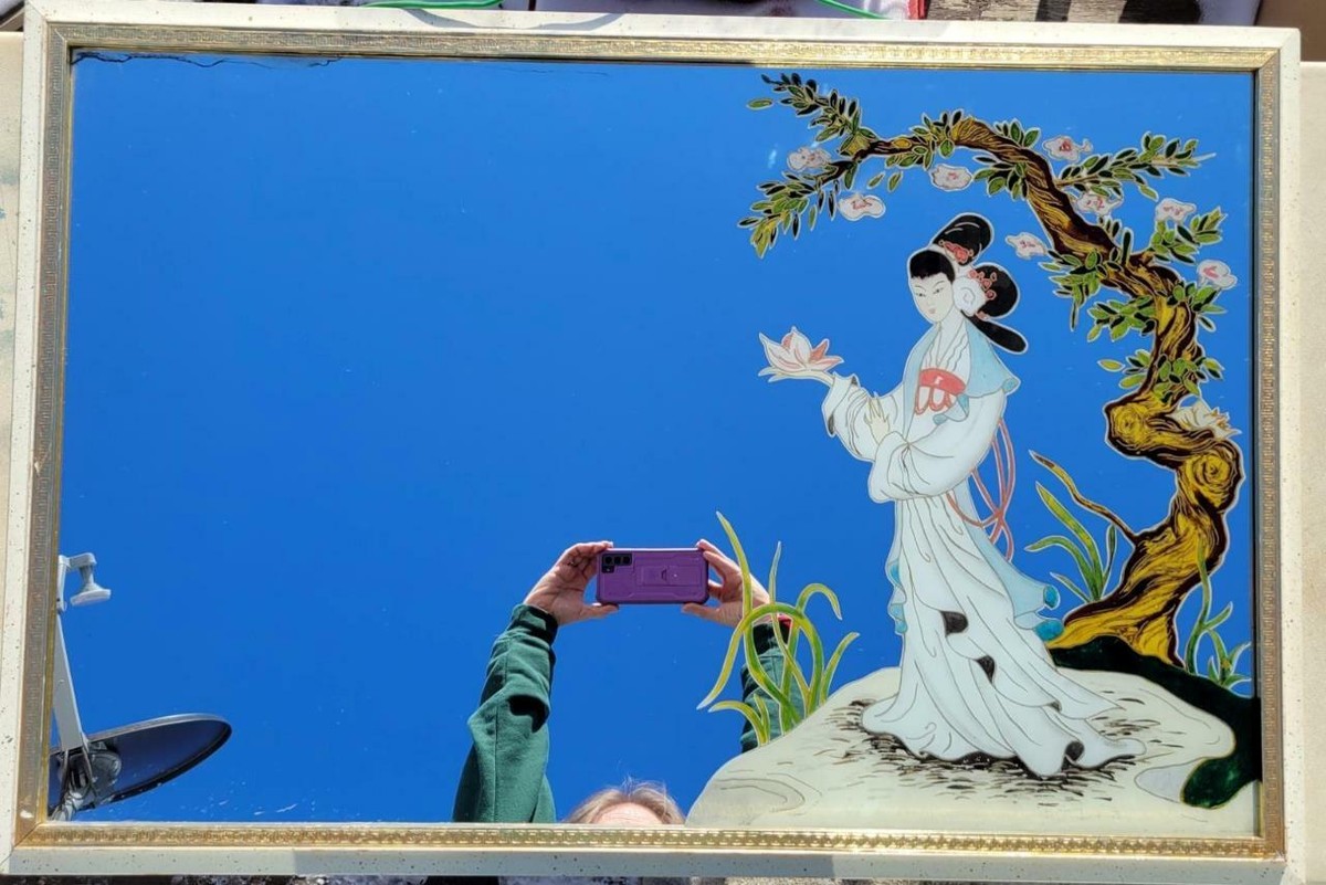 Vtg Chinese Lady Reverse Painted Print Wall Mirror Gold