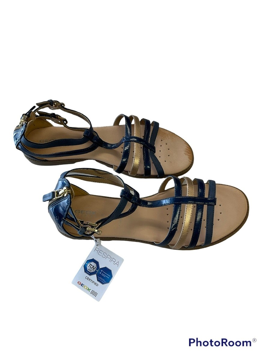 Geox Respira Womens Sand Vega Blue/Gold Flat Sandals Shoes Size 39 US Size