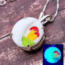 Sterling Mushroom Uranium Glass Necklace Custard Glass Button Pendant 925 Silver