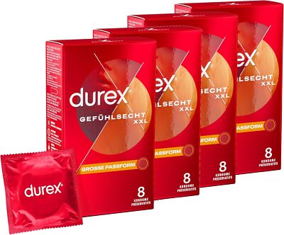 Durex Gefühlsecht XXL dünne befeuchtete Kondome mit großer Passform 4 x 8 Stück