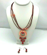 Red Beaded Stranded Pendant Necklace and Earring Set