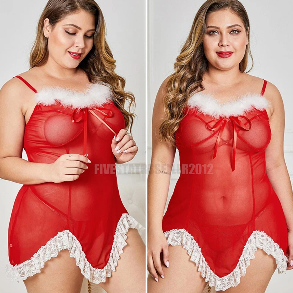 Lencería navideña de talla grande para mujer Babydoll Papá Noel abierta frontal sexy ropa para dormir Foto 3 de 4