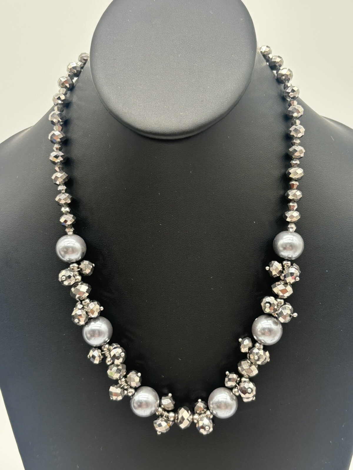Large Display Ear Vintage Faux Pearl Faceted Beaded Necklace Earring Set Silver Costume ...