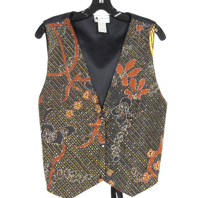 VTG ANA MORI Black w/Brown FLORAL BEADED/STONES Snap-Up Vest Top One Size S/M/L