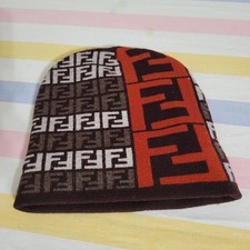 Authentic Fendi Vintage Reversible FF Logo Beanie Brown Red Knit Hat