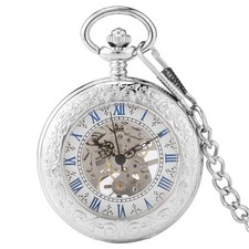 Silver Pocket Watch Pendant Hand-wind Mechanical Timepiece Roman Number Chain
