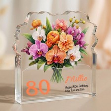 Personalised Orchid 80th Birthday Plaque – Custom Floral Acrylic Keepsake Gift