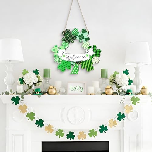 St. Patrick's Day Wreath Wooden Hanger Front Door Sign Decor Welcome ...