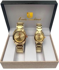 Couple Pair Quartz Watches His and Her Gift Set Metal Strap Analog Gold Watches.