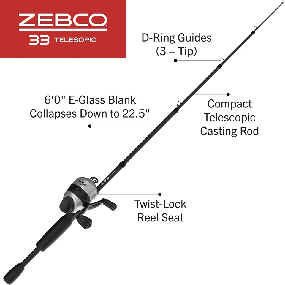 Zebco 33 Spinning Reel and Telescopic Fishing Rod Combo 6 Foot - Spincast - Image 2 of 4