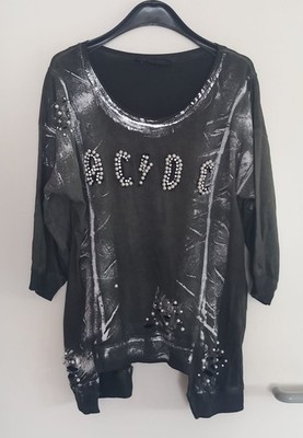 Shirt Big Shirt Gr. M von SONESTA schwarz Druck Perlen Glassteine AC / DC