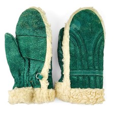 Vintage 70s Womens Suede Winter Mittens Faux Sherpa Sz M